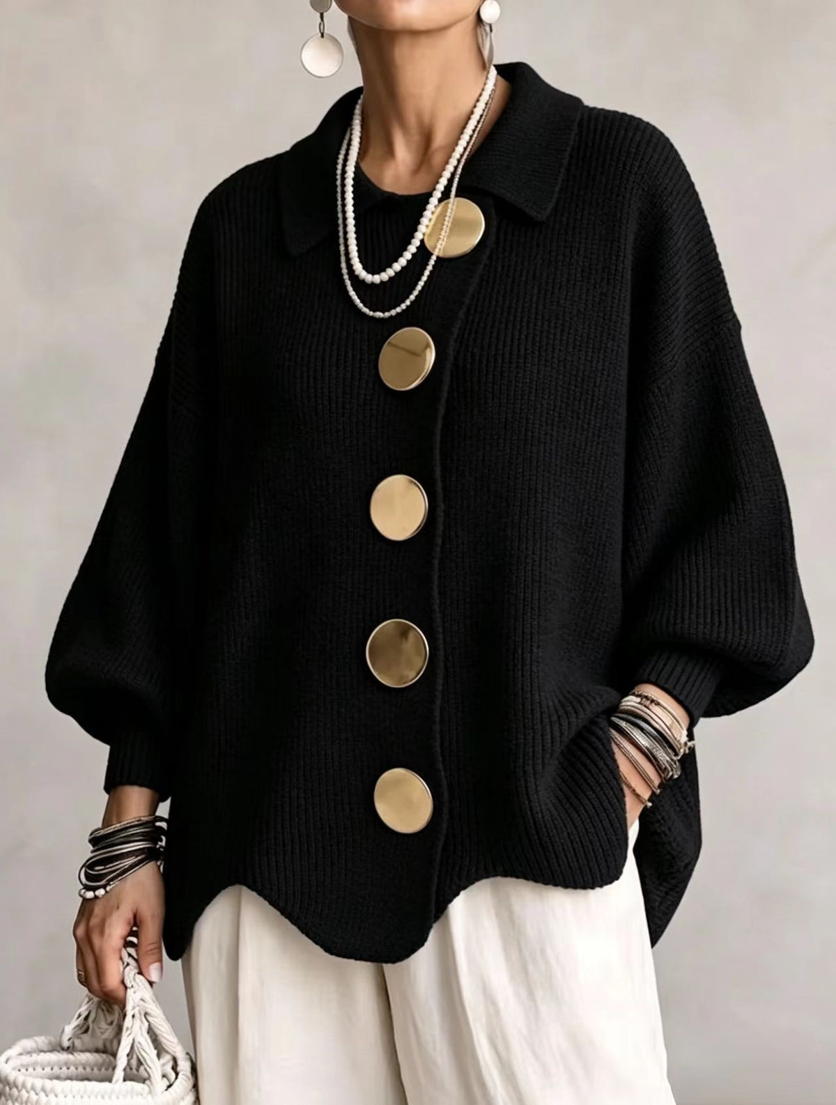 Women's lapel button-detail knit top