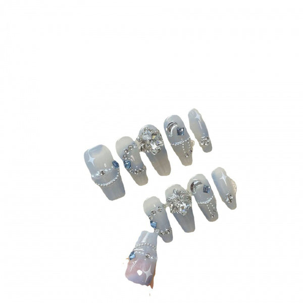 Snowflake Rhinestone Crystal Haze Blue White Fake Nails - WOMONA.COM