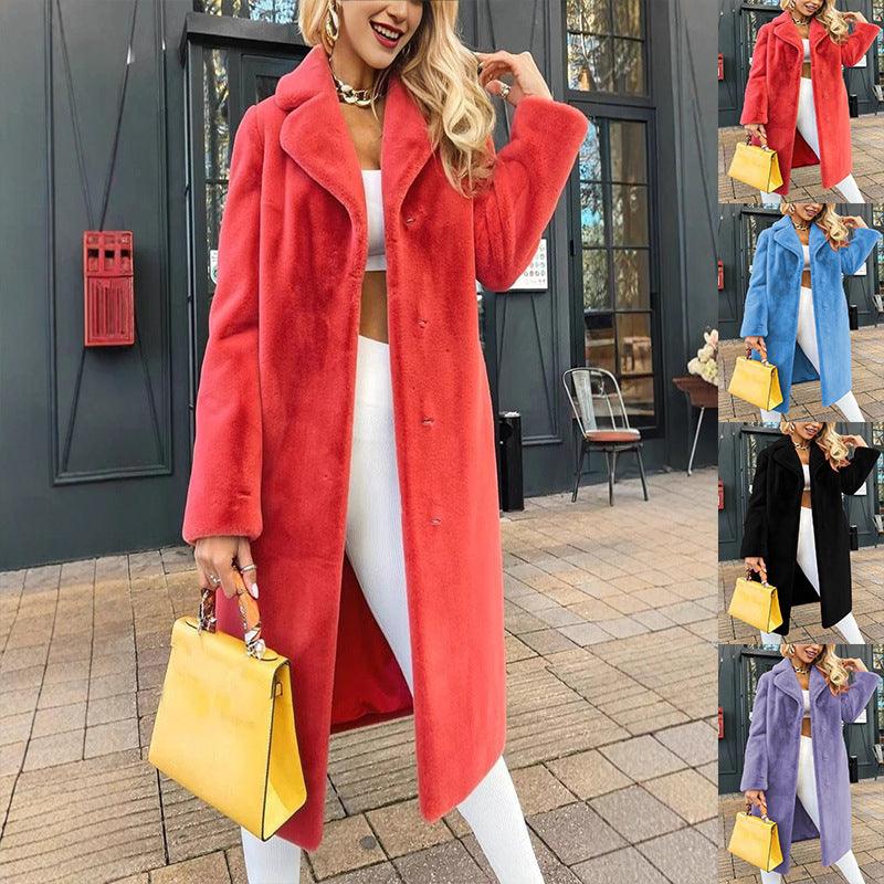 Red plush long coat with turn-down collar and open front, wide sleeves
