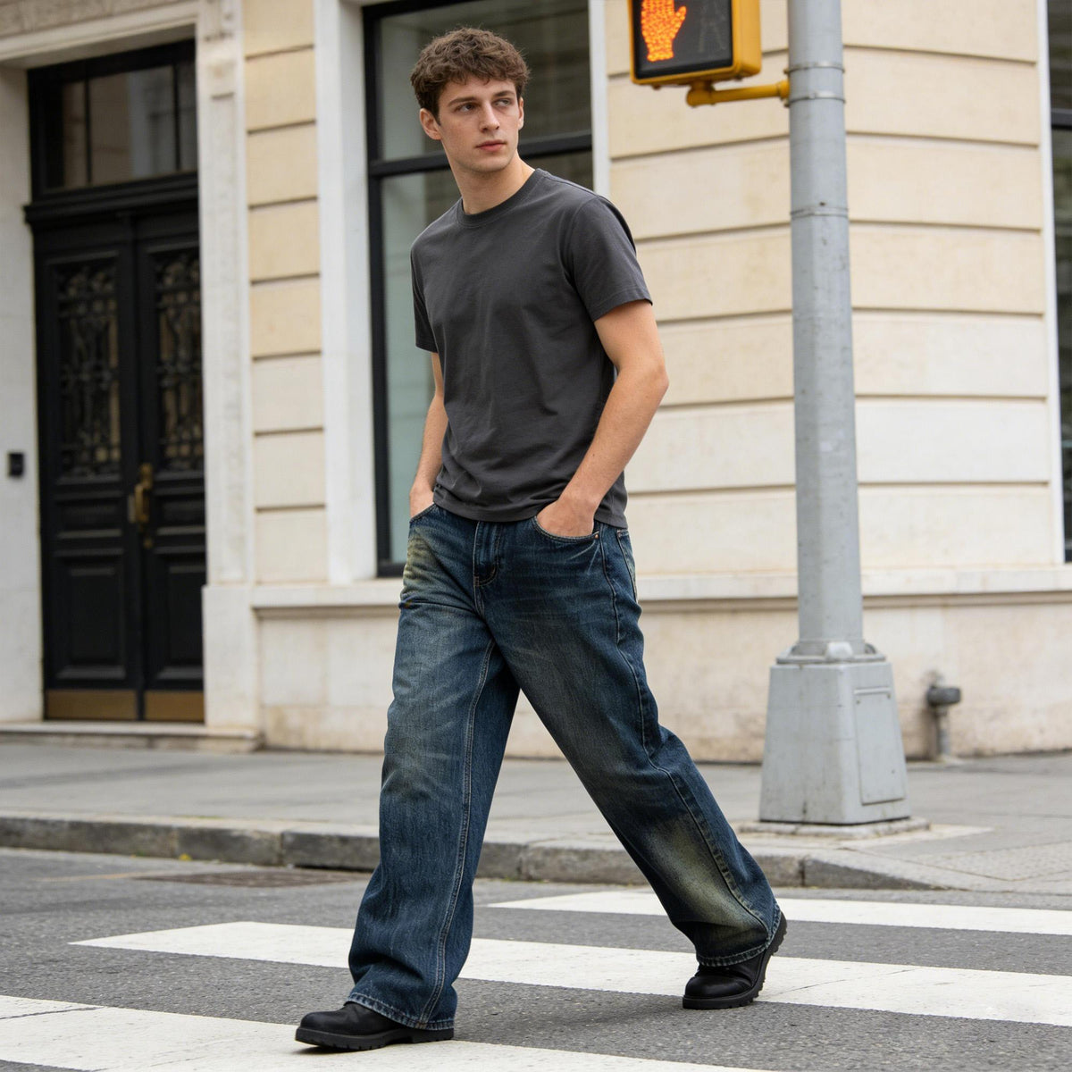 Mens Retro Washed Wide-Leg Loose-Fit Denim Jeans