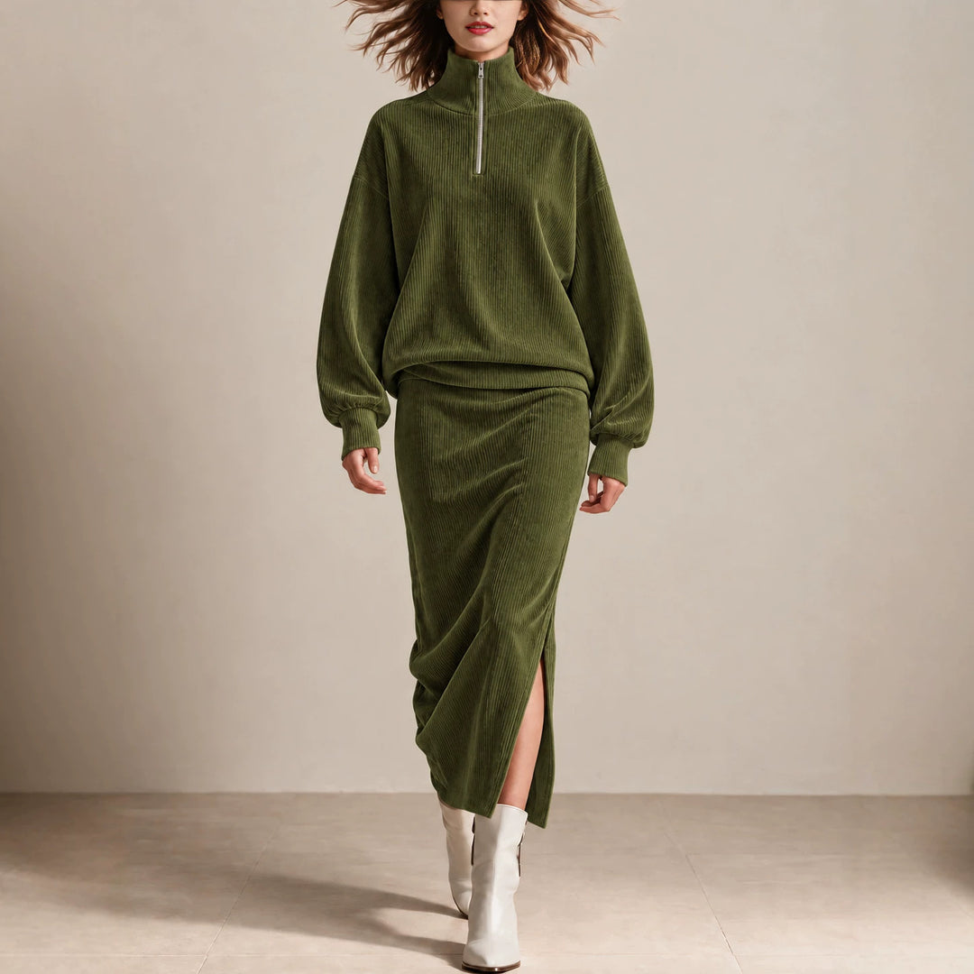Women's Corduroy Half-Zip Turtleneck Top and Midi Skirt Set