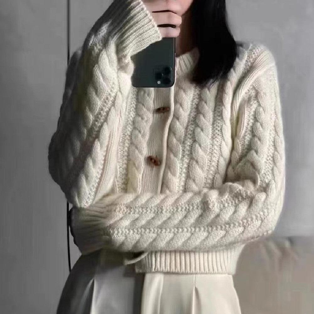 Women’s cream cable-knit cashmere cardigan, button-front, twisted stitch design