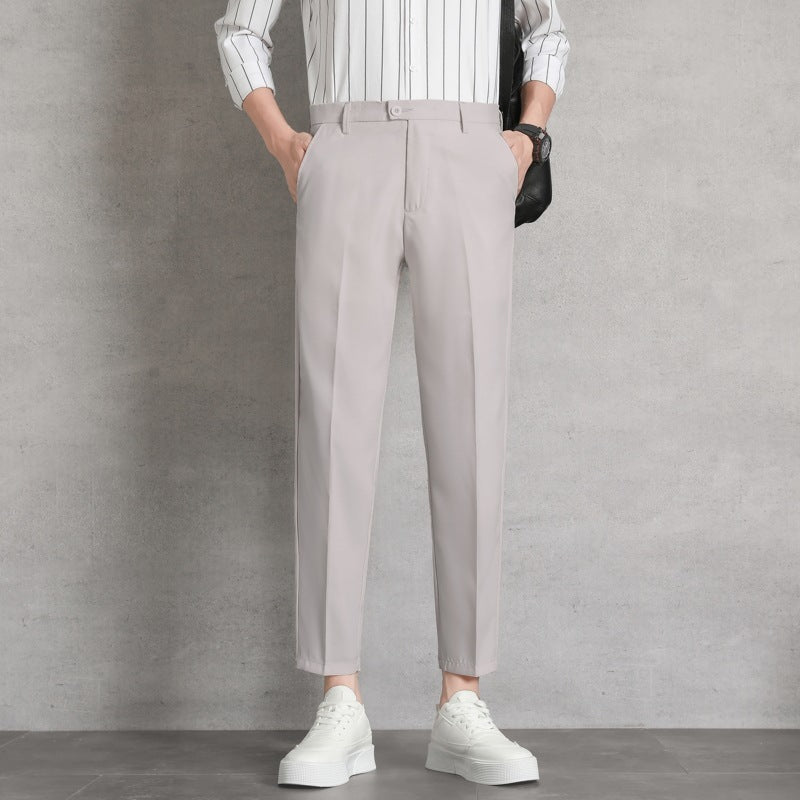 Men's high-waisted straight trousers, light gray, front pleats, belt loops, button fly, ankle length