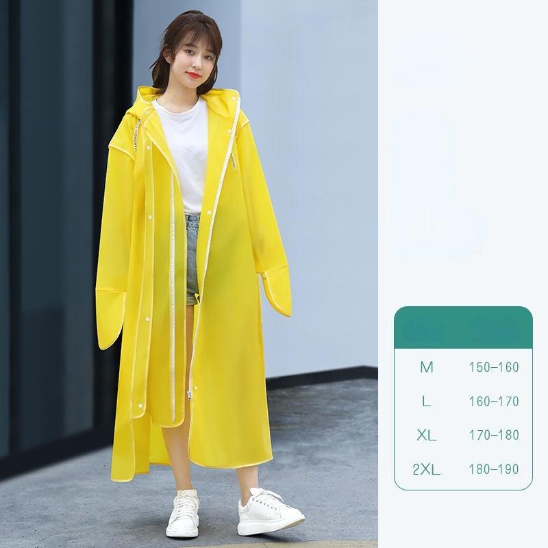 Yellow hooded long raincoat with front buttons and drawstring, mid-calf length