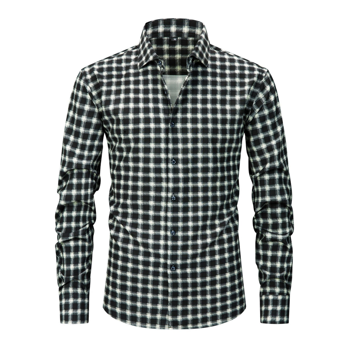 Mens black and white check plaid button-front dress shirt with long sleeves
