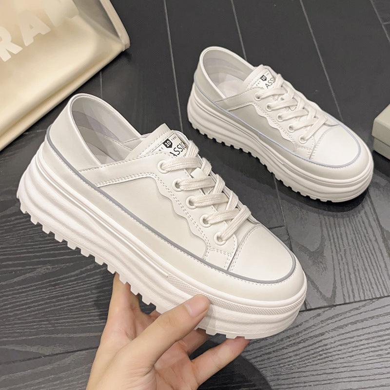 Platform low-top lace-up shoes, white leather with chunky off-white sole