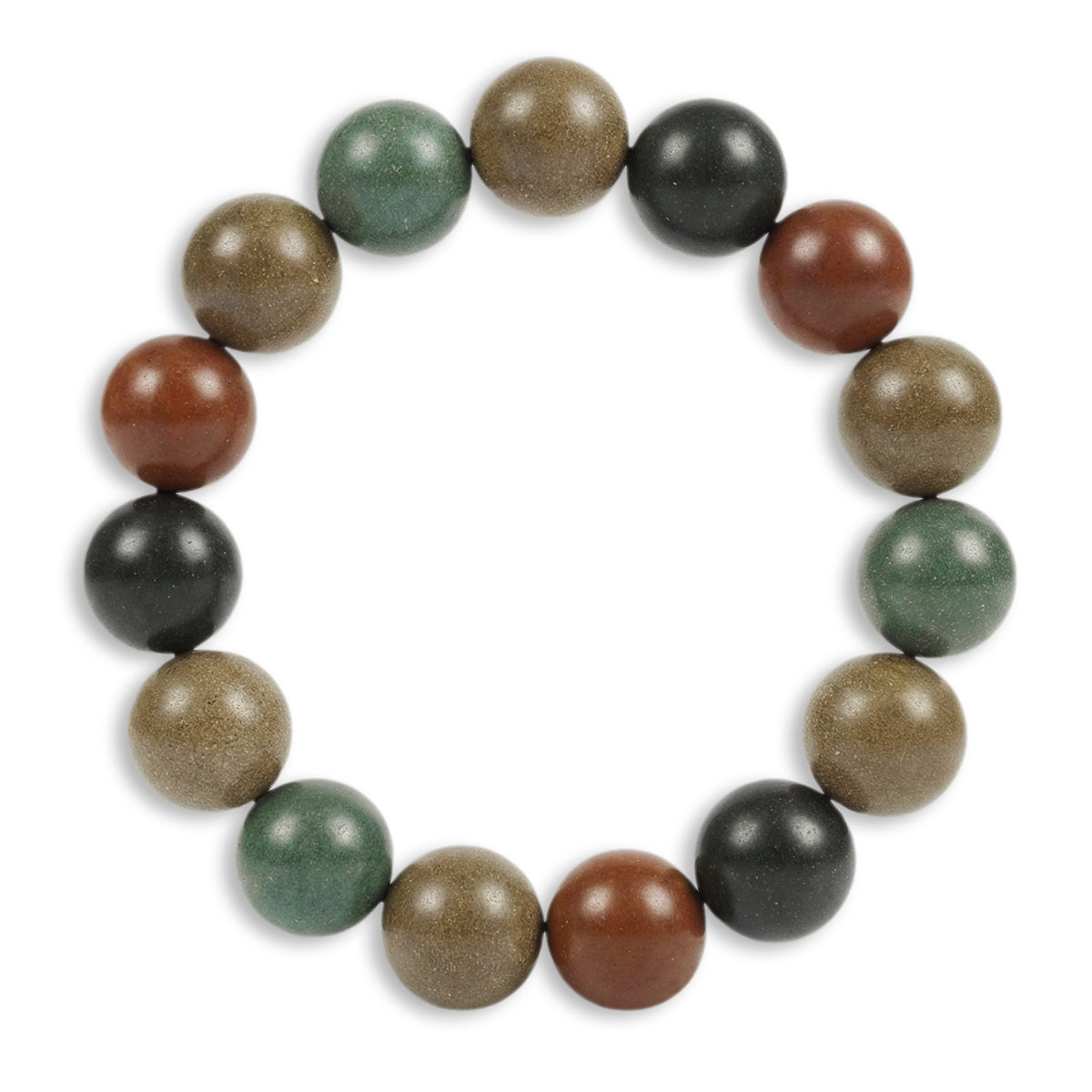 Round mixed-color bead bracelet, featuring green, brown, black, and tan beads on white.
