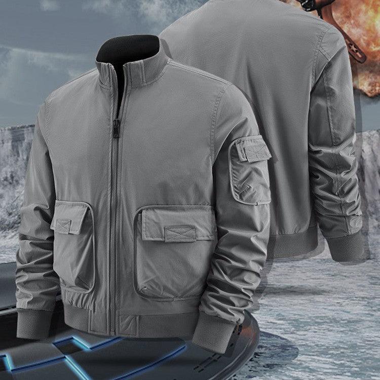 Gray zip-front utility jacket with flap chest pocket and two sleeve cargo pockets