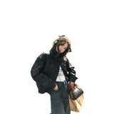 American Retro Lapels Cropped Leather Coat Female Sweet Cool Handsome