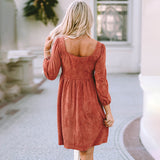 Autumn Solid Color Square Collar Puff Sleeve Waist Dress - WOMONA.COM