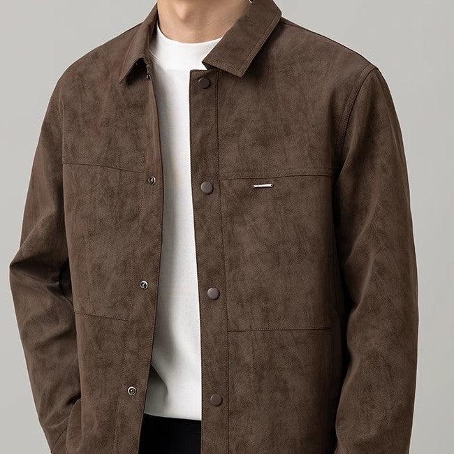 Men's short khaki jacket with button front, stand collar, and chest patch pockets