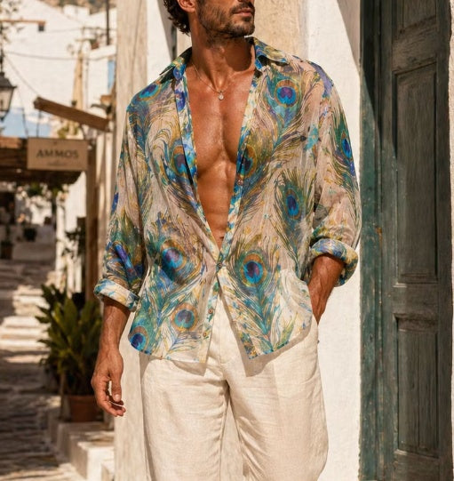 Women's Peacock Feather Print Sheer Oversized Shirt