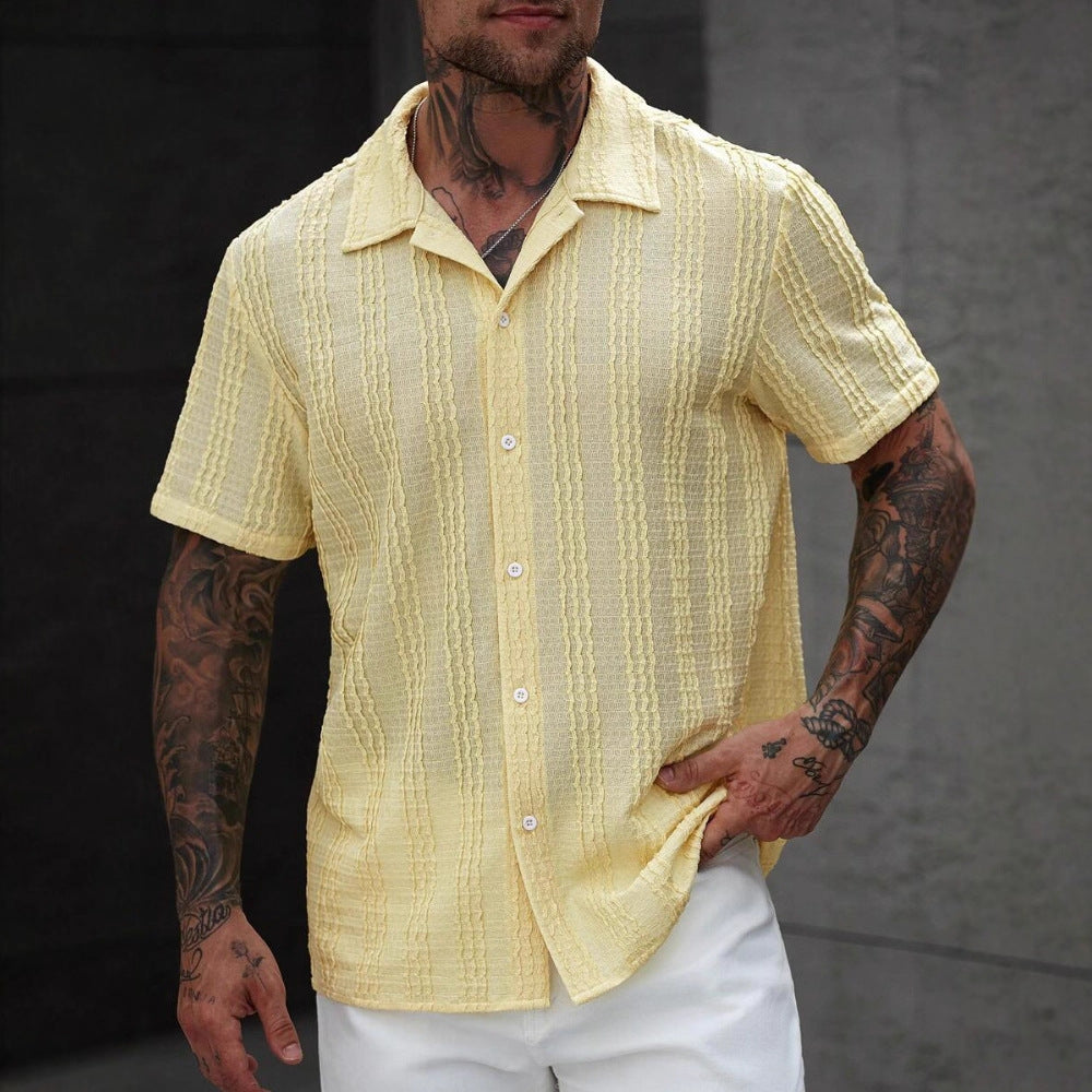 Lemon yellow striped short-sleeve button-up shirt with pointed collar and vertical texture.