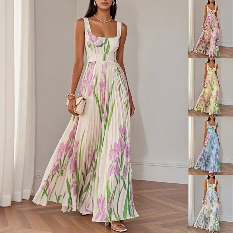 Floral A-line midi dress in cream with pink and green vine print, square neckline, waist belt