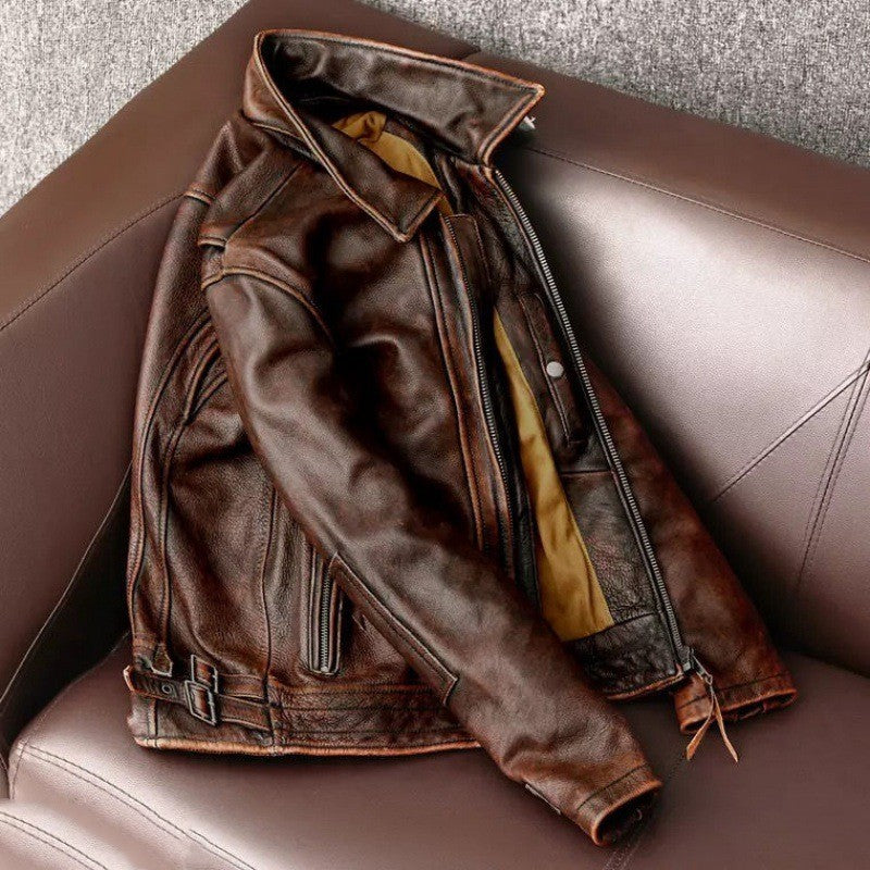 Men's Fashionable Vintage Distressed Cowhide Leather Jacket - WOMONA.COM