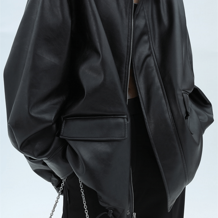 Women's Loose Retro Leather Jacket With Details - WOMONA.COM