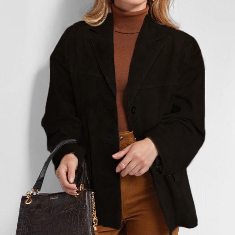 Women's loose-fit blazer, long sleeves, front pockets, button front, black