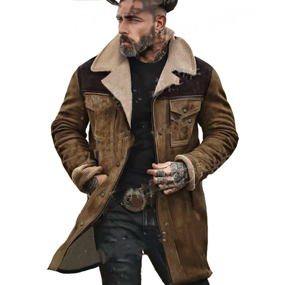 Multicolor suede jacket in brown with sherpa collar, front zipper, and chest pockets.