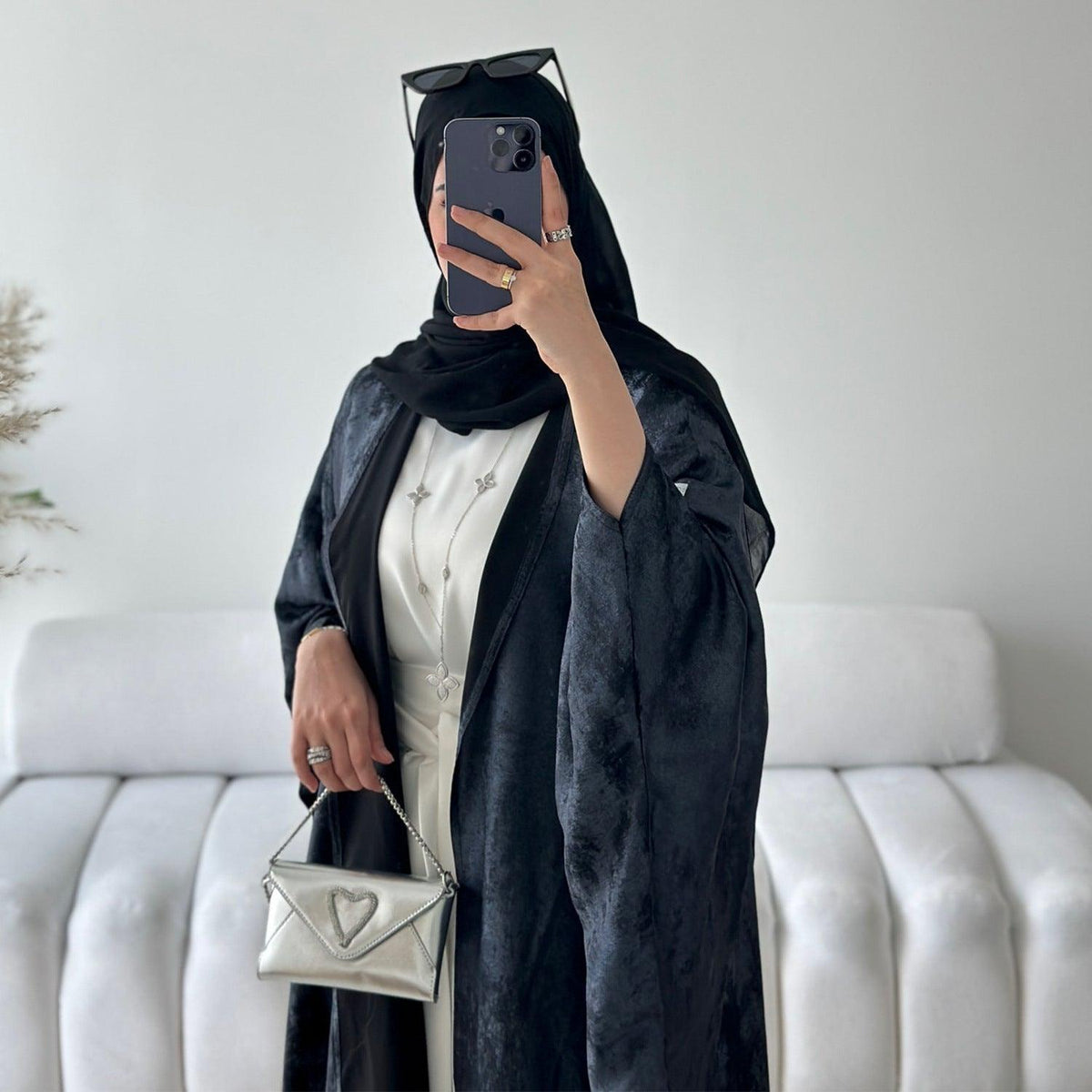 Women’s hooded elegant robe, dark black satin-look with long flowing sleeves