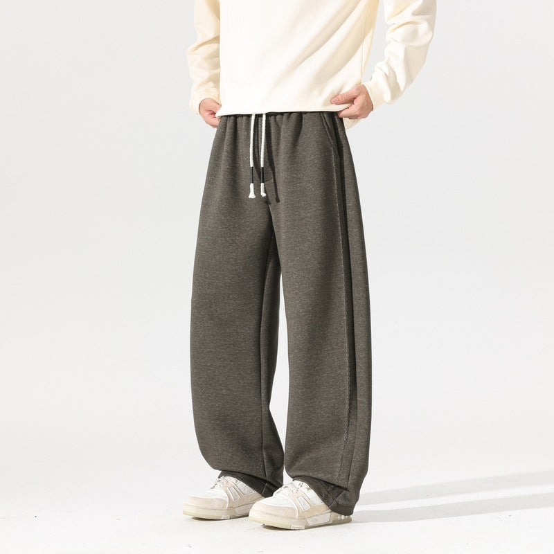 Men's heather gray casual jogger pants with elastic waistband, drawstring, wide legs