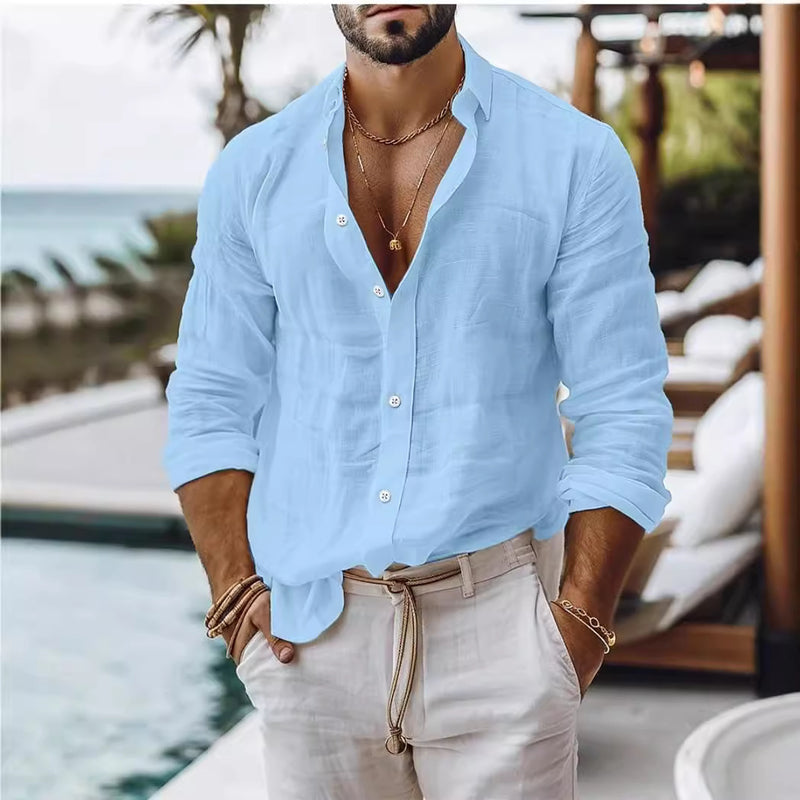 Men's Solid Color Cotton Linen Shirt Casual Style Long Sleeve - WOMONA.COM