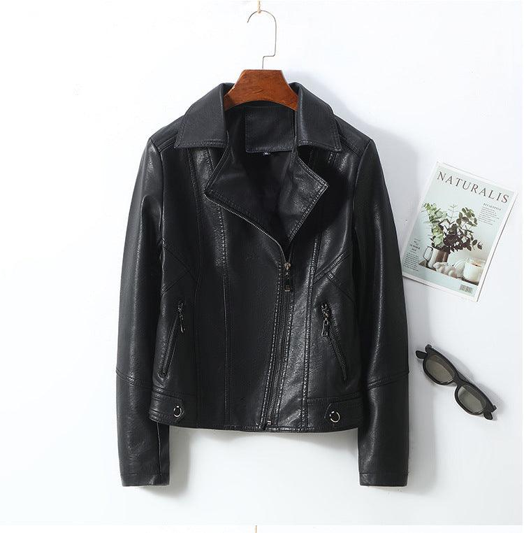 Women's Lapel Short Small Leather Coat - WOMONA.COM