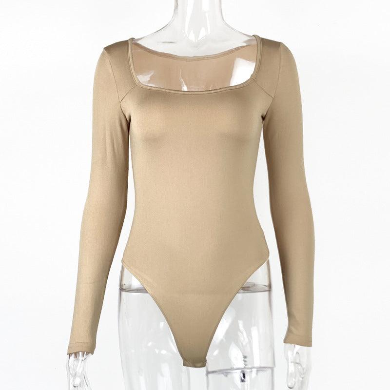 Beige square-neck long sleeve fitted jumpsuit on a mannequin