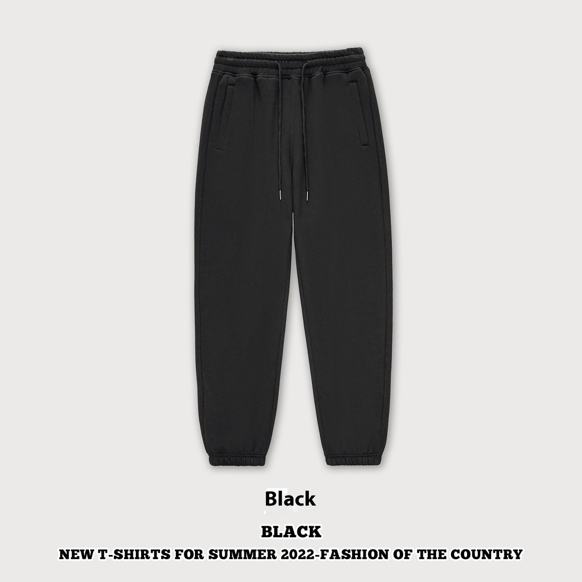 Black fleece ankle-tied sweatpants with drawstring and elastic cuff hems