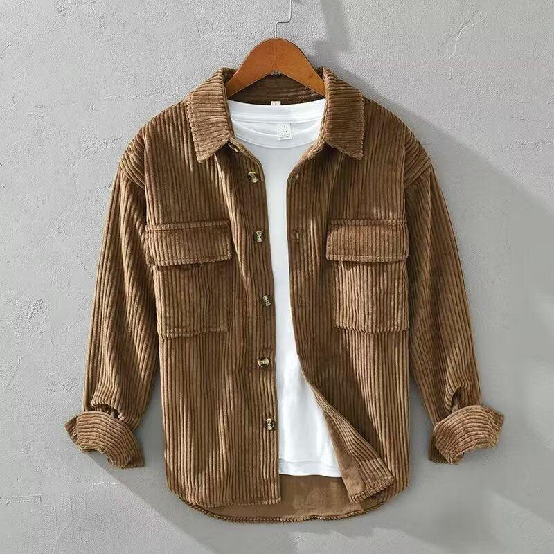 Men's brown corduroy button-up shirt with spread collar and two chest flap pockets