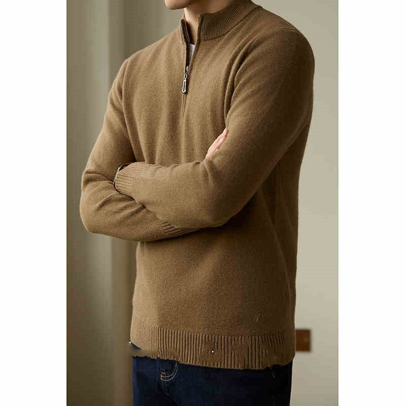 Half Zipped Stand Collar Pure Wool Thermal Sweater - WOMONA.COM