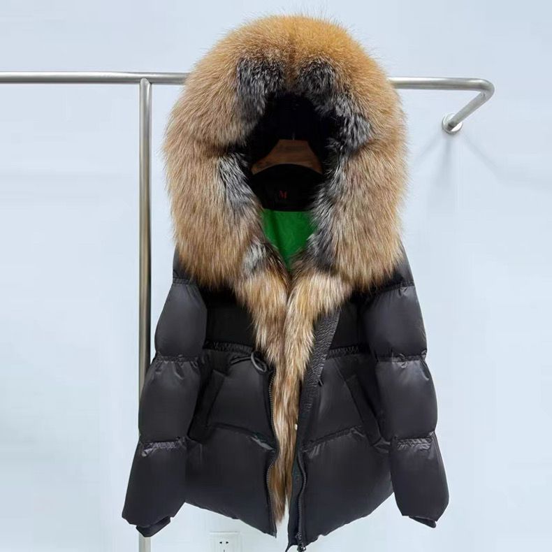 Padded fur-trim coat, black quilted puffer with tan-and-gray faux fur hood