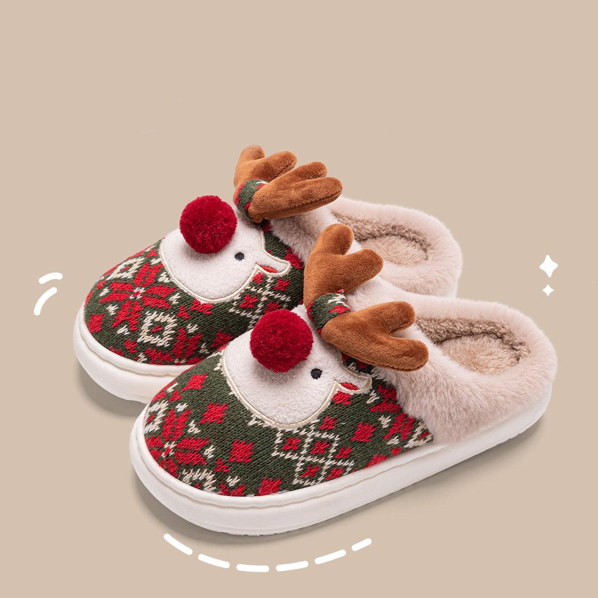 Cute Christmas Elk Plush Slippers Winter - WOMONA.COM