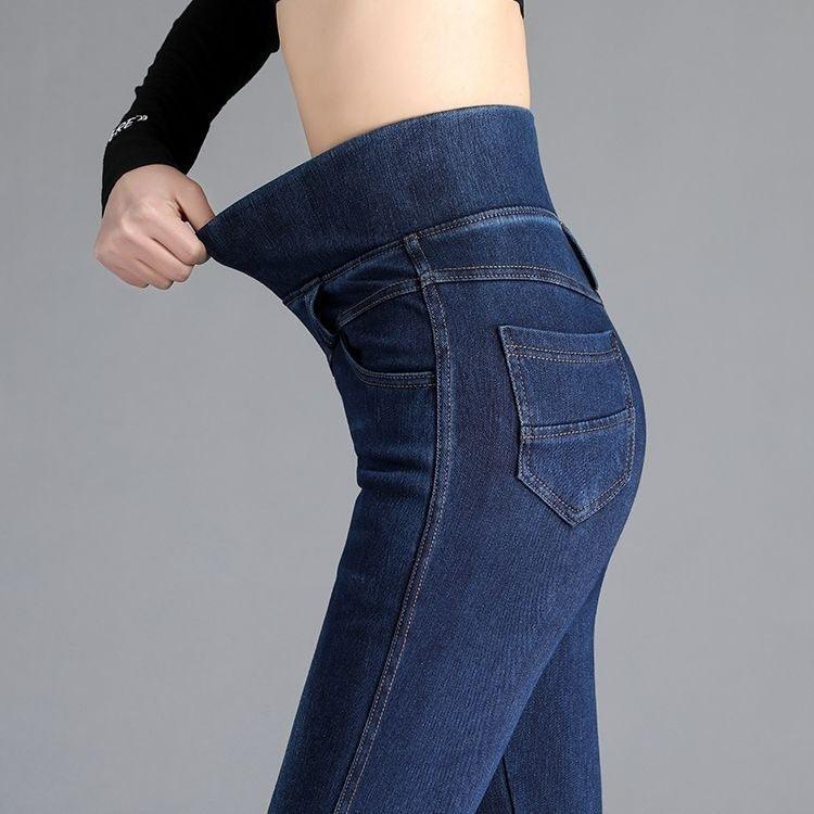 Women’s high-waist elastic jeans, dark blue denim, side/back pocket and belt loops