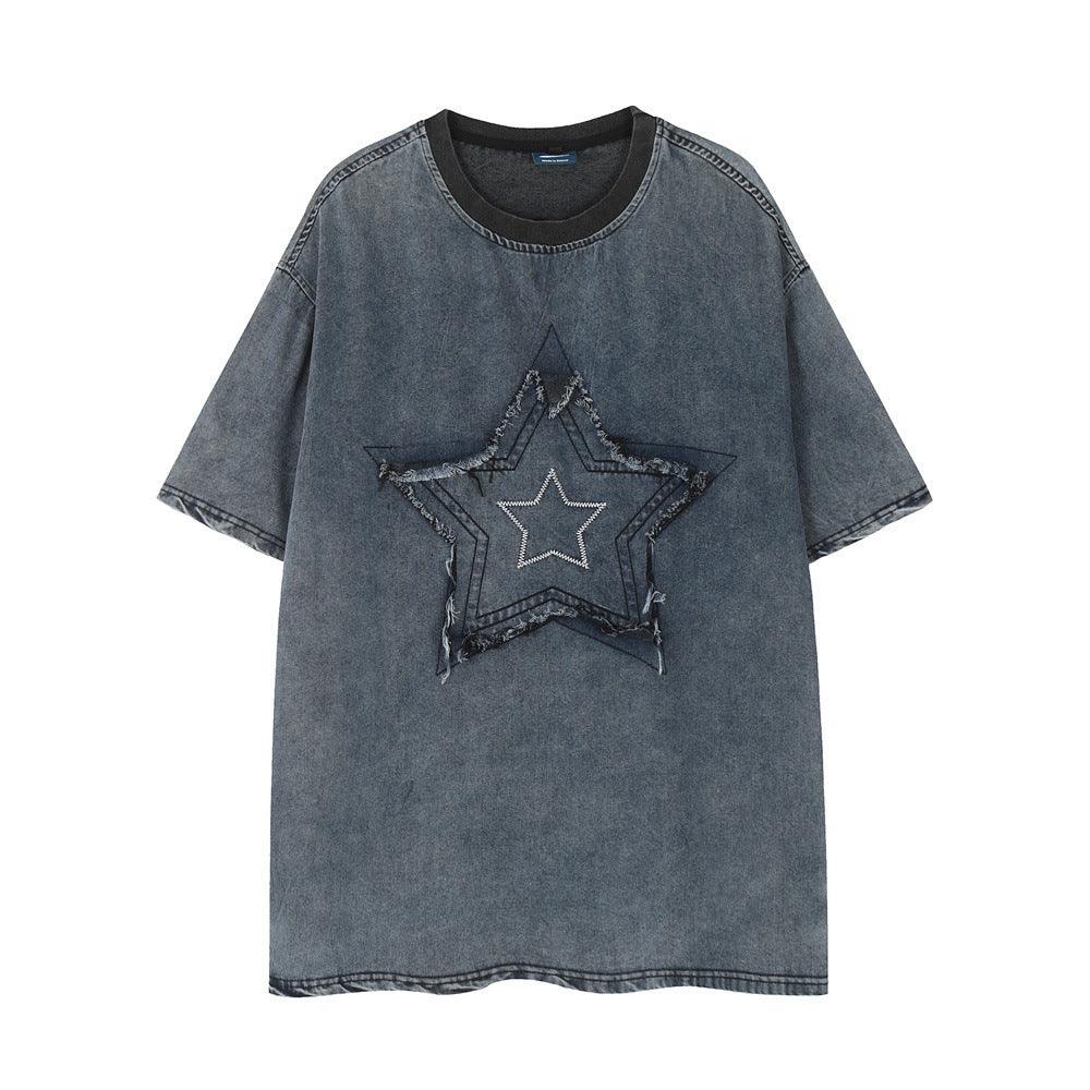 Punk Denim Short-sleeved T-shirt For Men - WOMONA.COM