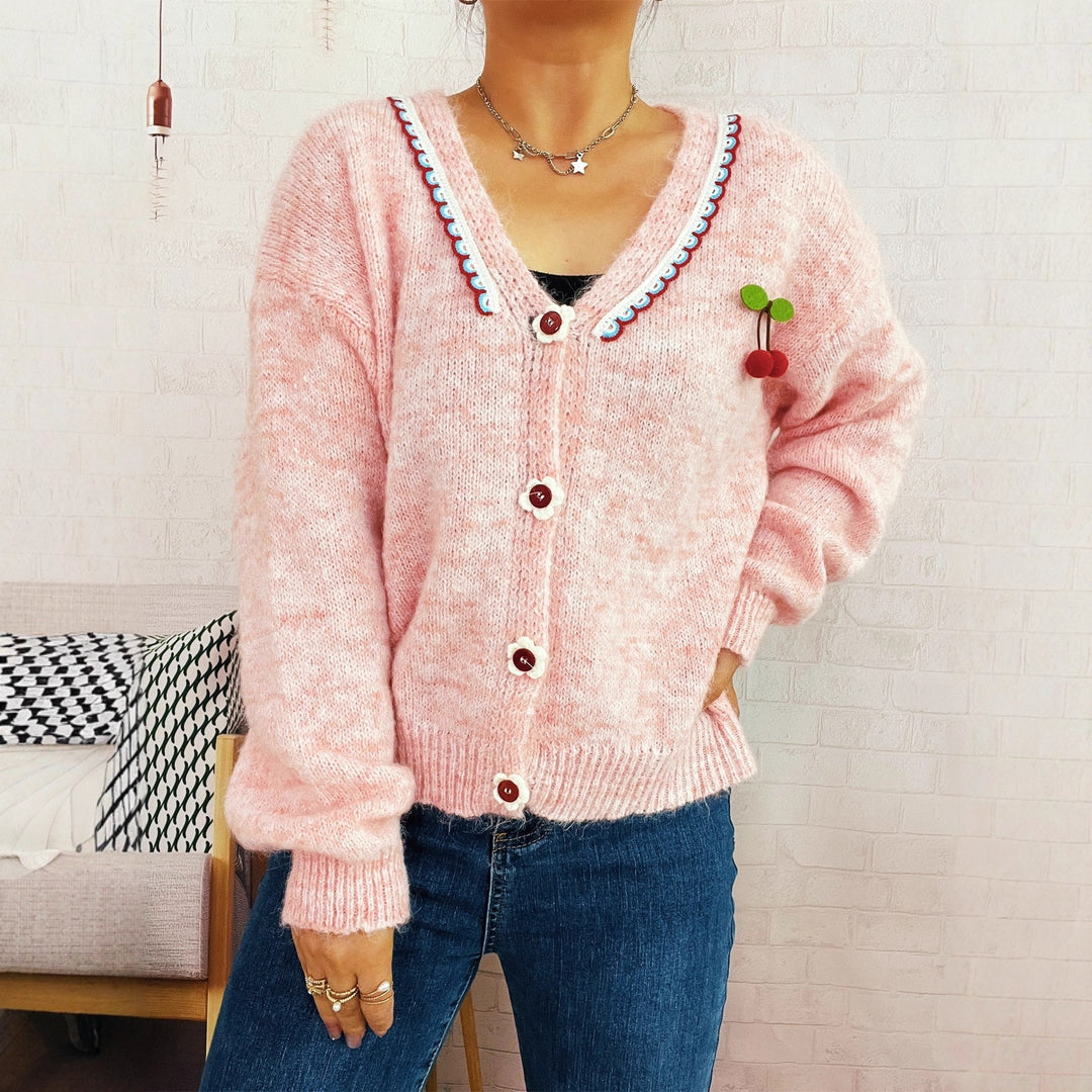 Women's Cute Wave V-Neck Cherry Decorative Knitwear Flower Button Cardigan