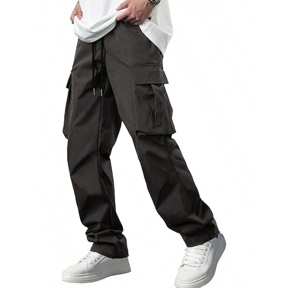 Men's dark gray drawstring cargo pants with side pockets and cuffed hems