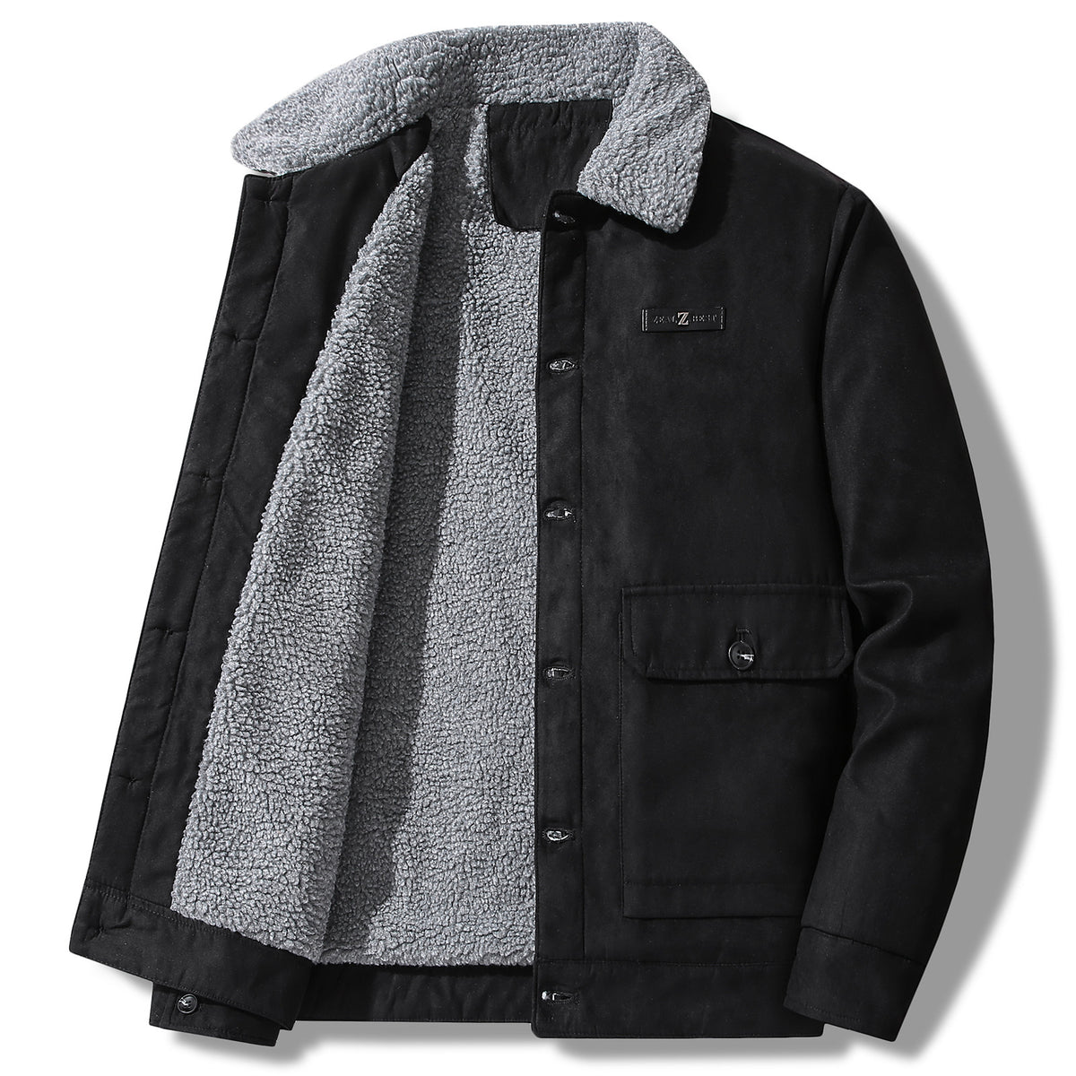 Men's thickened fleece-lined suede jacket with patch pockets in brown, black and dark gray – photo 2 of 7