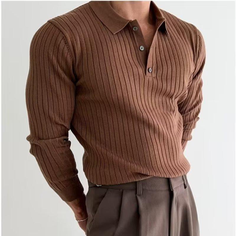 Men's brown ribbed long-sleeve sweater with button placket and collar