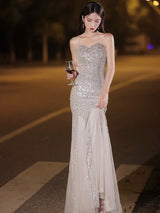 High-end Elegant Silver Sequined Fishtail Evening Dress - WOMONA.COM