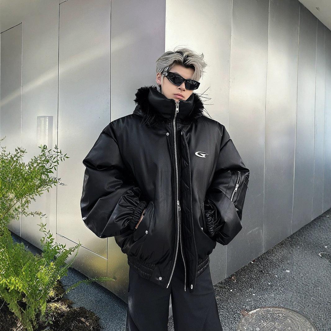 Black hooded PU leather coat jacket with full-zip front and ribbed cuffs