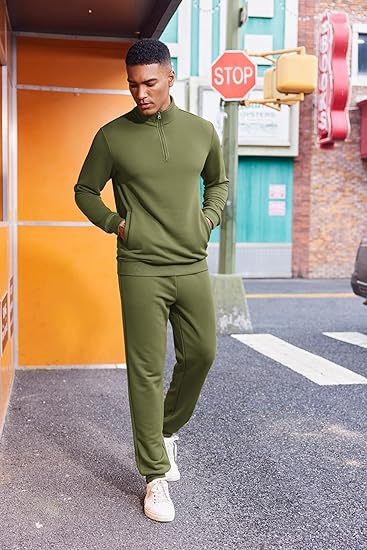 Men's Quarter-Zip Hooded Lounge Set, Army Green - product view 6