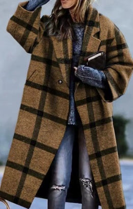 Women’s long plaid wool overcoat with long sleeves, button front, and side pockets