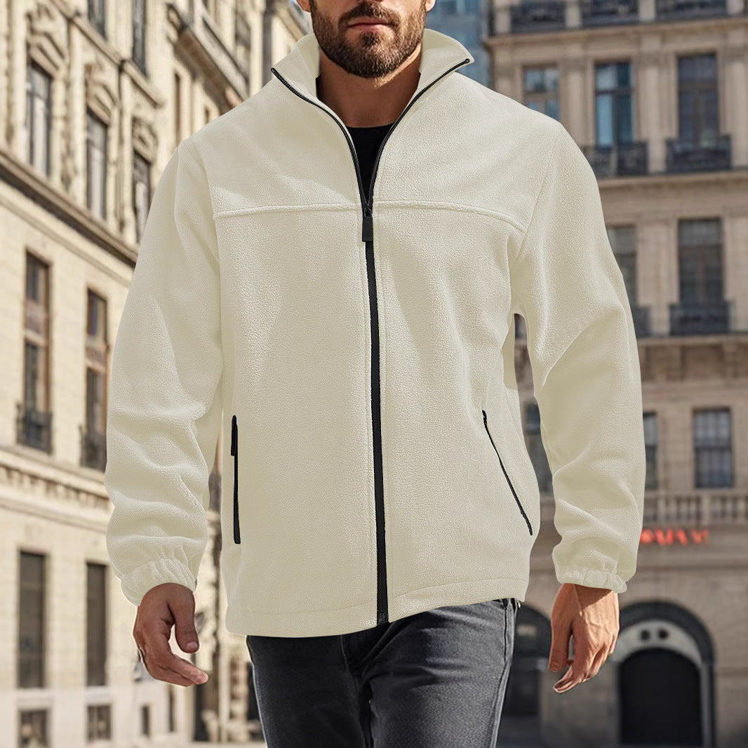 Men's fleece jacket in off-white with full-zip front, stand collar, and side pockets