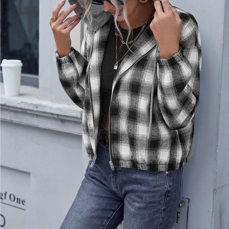 Women's black-and-white plaid zip-up hooded jacket