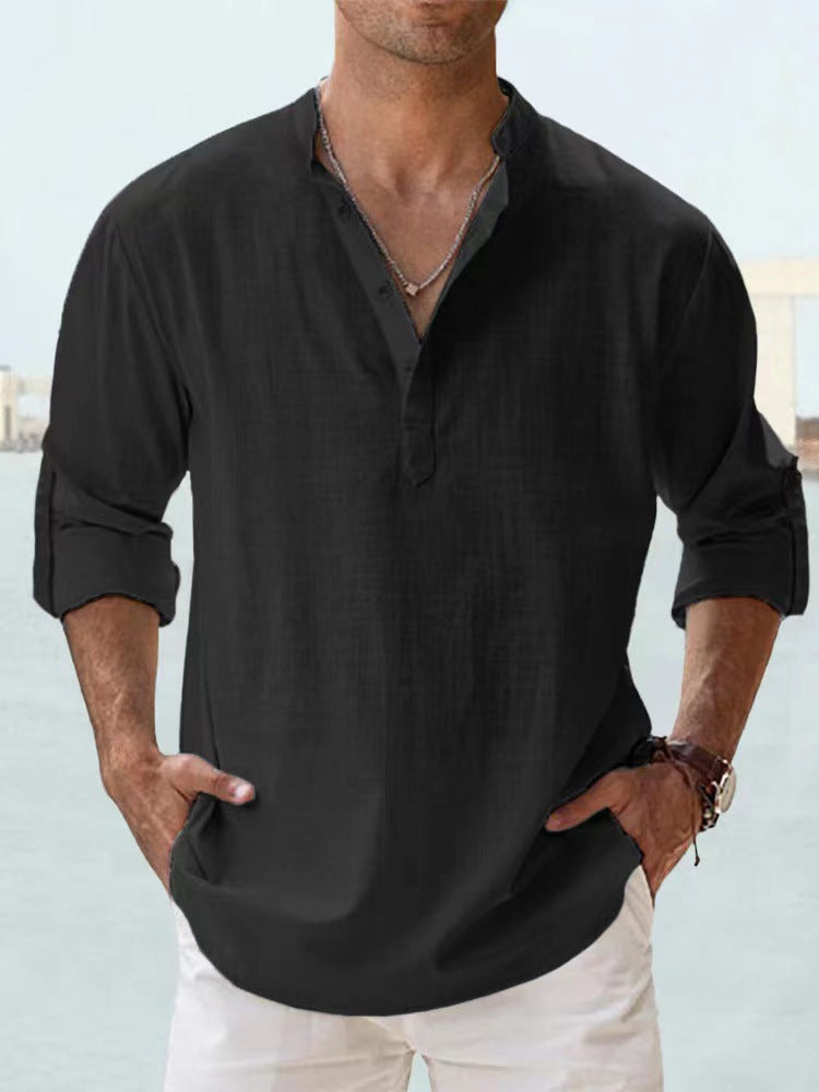 Men's linen collar long-sleeve t-shirt, black with buttoned V-neck