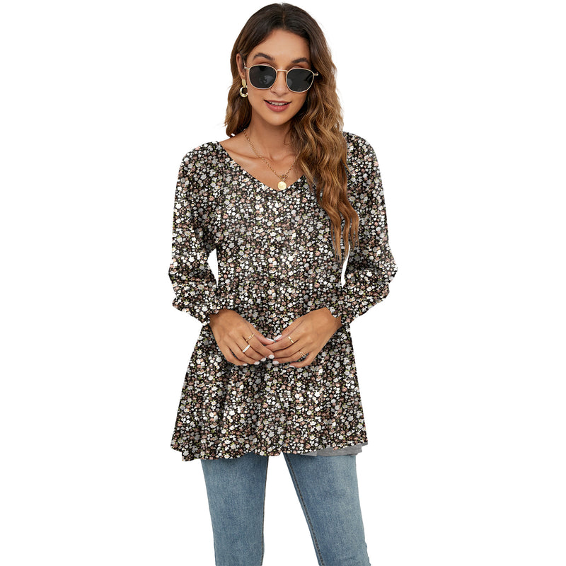 Flowers Print Casual V-Neck Blouse T-Shirts - WOMONA.COM