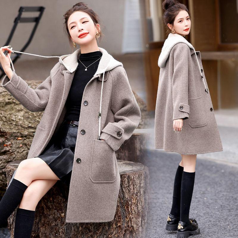 Women’s hooded woolen coat with knit lining, front buttons, and side pockets; dark beige
