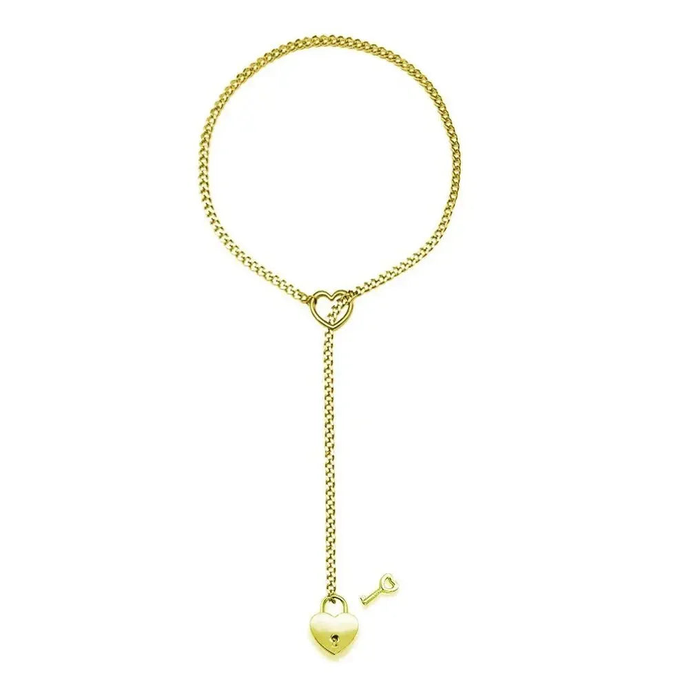 Adjustable Heart O-Ring Punk Rock Cuban Chain Necklace – Lariat Y-Style Necklace with Key & Heart - Gold