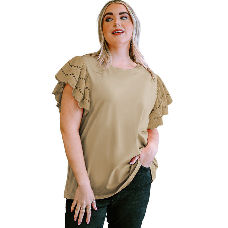 Camisa informal de manga corta con encaje calado para mujer