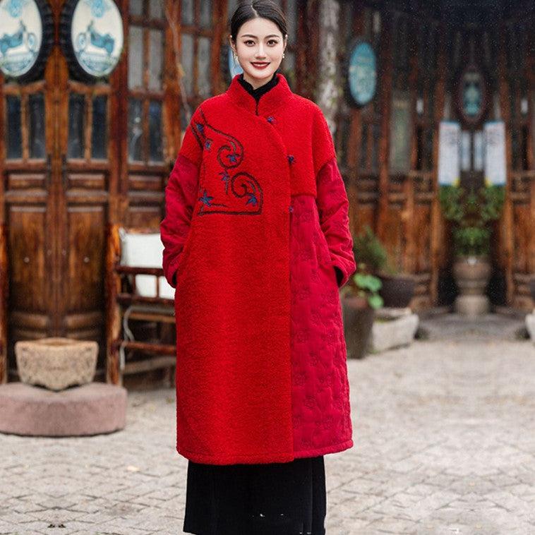 Women's red cotton dress coat with high collar, button front, and embroidered panel